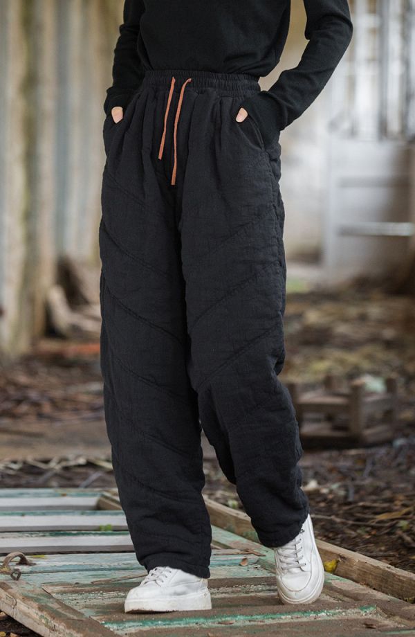 燕燕~冬季新款 苧麻夾棉絎縫炒色褲子 文藝百搭鬆緊腰女式長褲 棉褲 