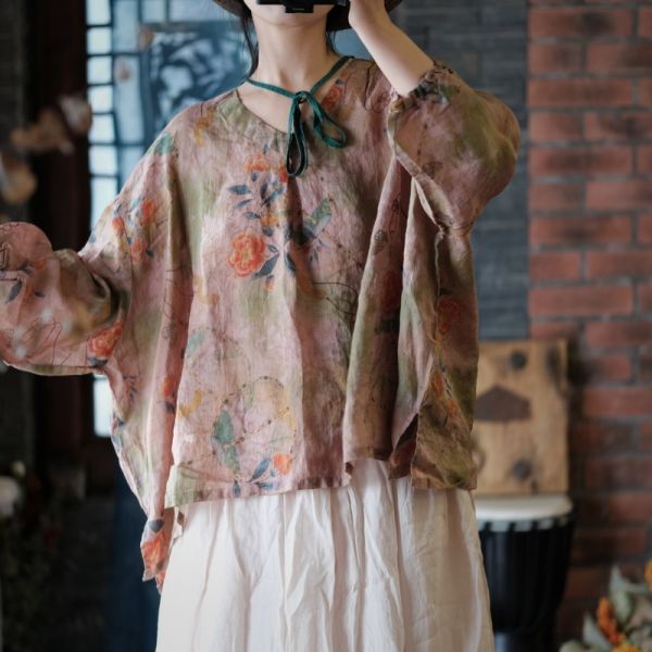 燕燕~春季新款。 純亞麻  復古舒適寬鬆繫帶小衫 上衣 長袖棉麻衫 ab199601 