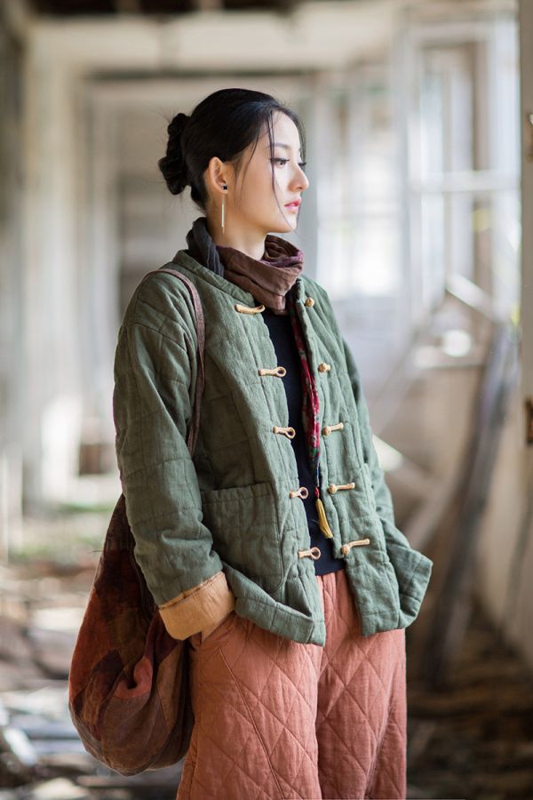 燕燕~冬季新款 苧麻夾棉方格絎縫棉襖短版棉衣外套 