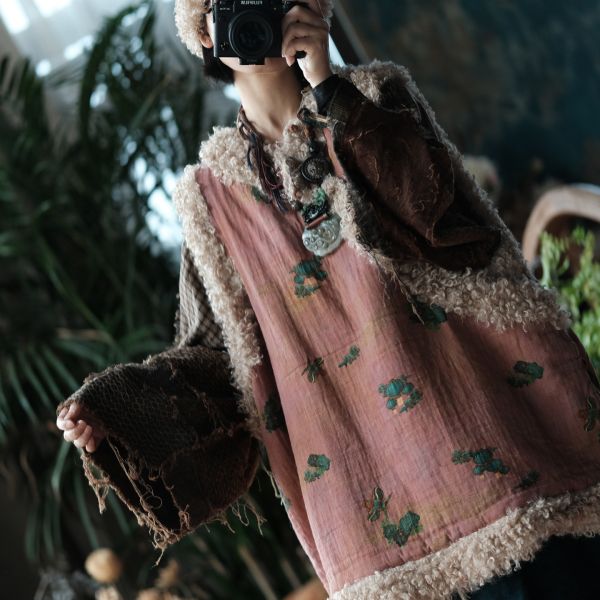 燕燕 復古斜襟盤扣羊捲毛夾棉背心棉衣棉服外套 ab2224101 