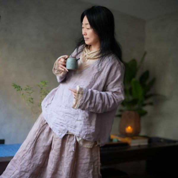 燕燕~砂洗亞麻 傳統交領繫帶百搭長袖襯衫 上衣小開襟衫 