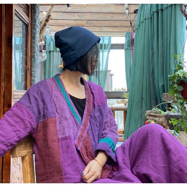 燕燕~棉麻商品~純亞麻 砂洗拼布繫帶棉衣棉服上衣  外套。 ab174601 