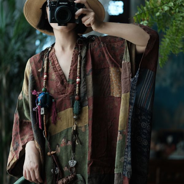 燕燕~寬鬆版型（此件商品不退換）~文藝復古棉麻襯衫裙 休閒寬鬆中袖V領連身裙袍子洋裝 ab221001 