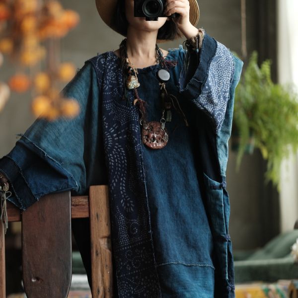 燕燕~(寬鬆版型）~復古文藝老古布拼接洋裝禪意袍子 連身裙。ab224301 (此件商品不退換） 