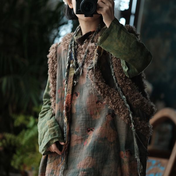 燕燕~秋季新款 復古斜襟盤扣羊捲毛夾棉棉衣棉服背心 外套 ab2224101 (娃娃款） 