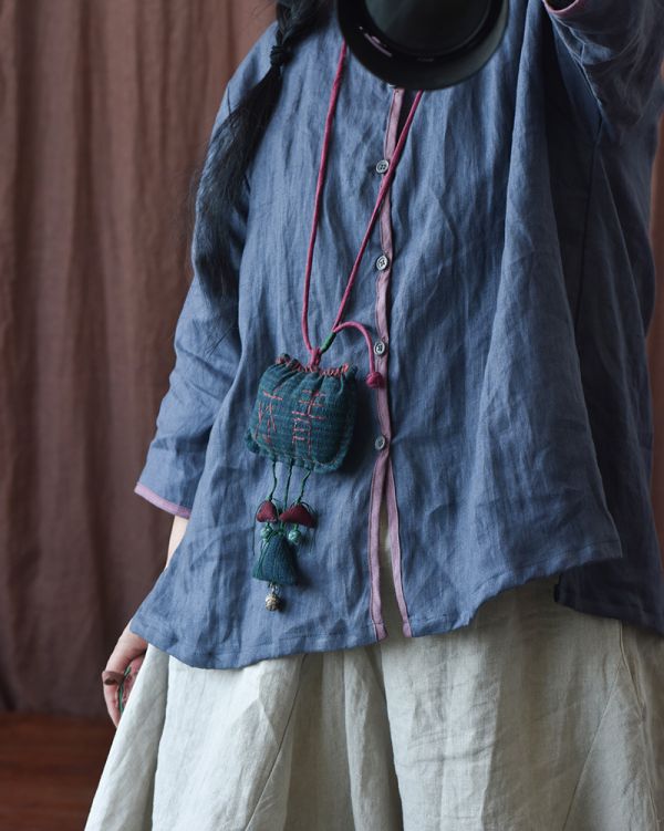 燕燕~亞麻。七分袖撞色邊V領開衫文藝上衣 襯衫 長袖棉麻衫 