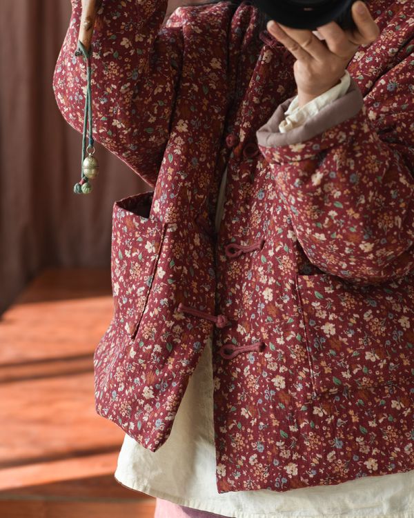 燕燕~棉麻商品~復古碎花盤扣開衫女式棉衣 立領保暖棉服短外套 