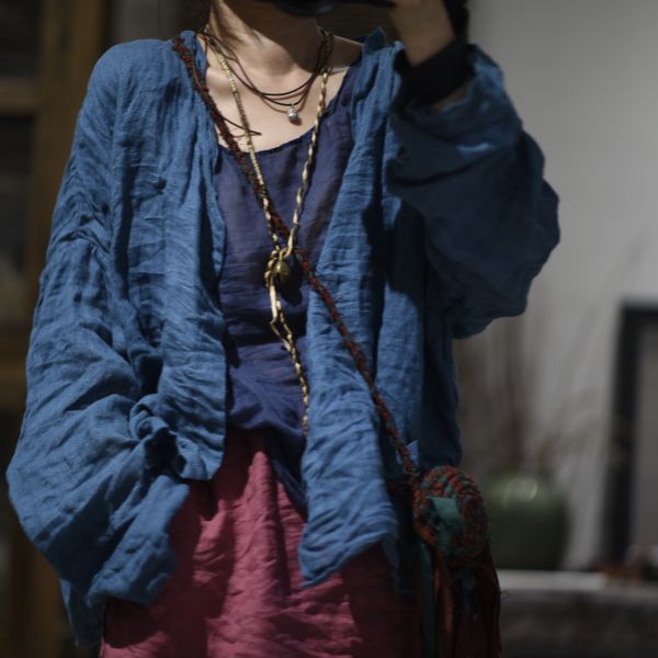 燕燕～亞麻 復古純色文藝盤扣長袖開襟衫 外套 