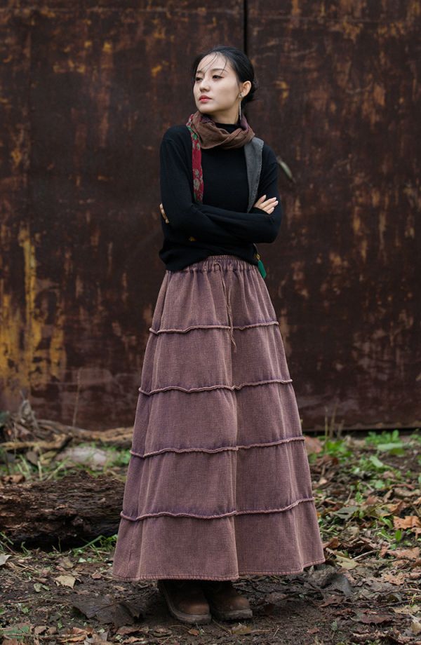 燕燕～秋冬新品  苧麻加絨加厚炒色裙子文藝復古百搭長裙 