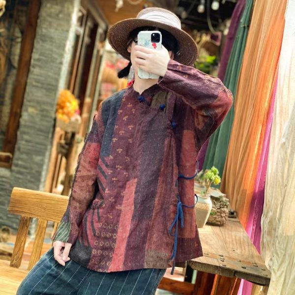 燕燕~棉麻商品~改良立領盤扣繫帶復古文藝懷舊小衫 上衣 長袖棉麻衫 ab202401 