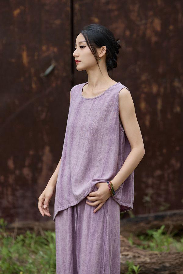 燕燕~夏季新品  亞麻紮染背心 飄逸寬鬆顯瘦文藝範女式無袖背心 