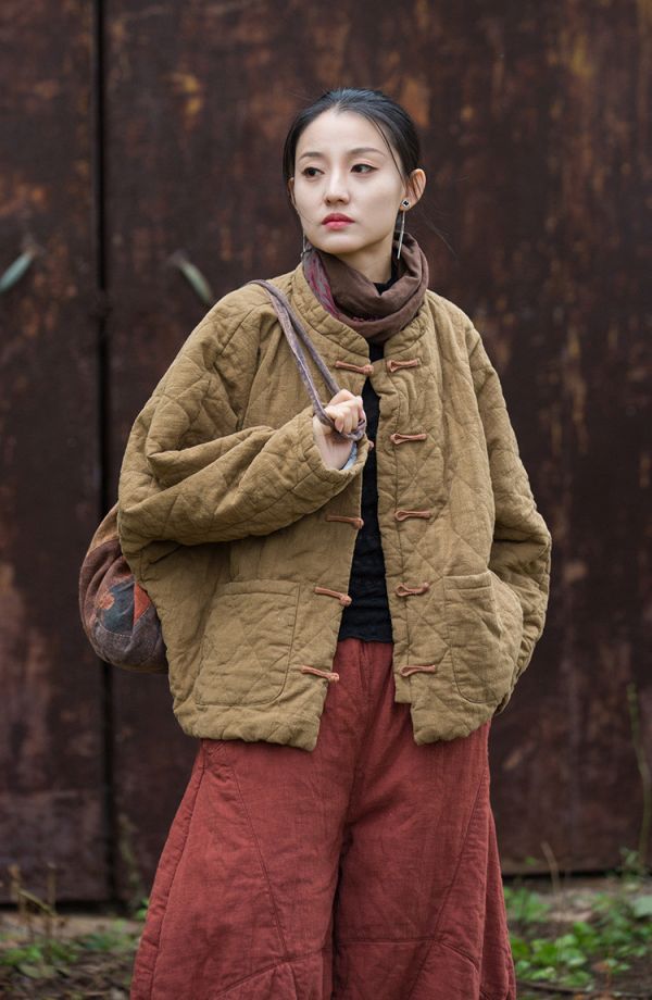 燕燕~冬季新款 莧麻夾棉絎縫方格棉襖棉服時尚文藝個性女式短棉衣外套 