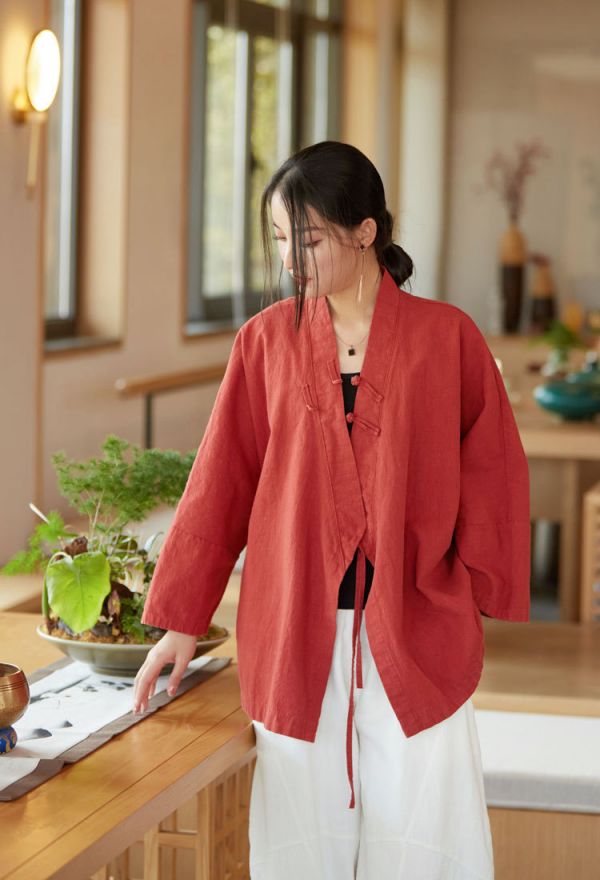燕燕～復古砂洗做舊苧麻禪茶服立領繫帶  開衫外套 