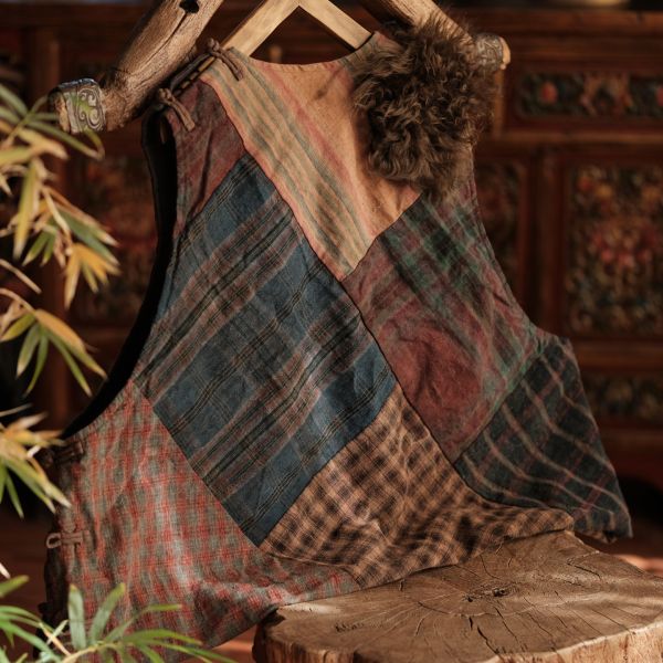 燕燕~純手工老布拼貼小眾氛圍感老布拼皮草夾棉背心 ab226401 (此件不退換） 