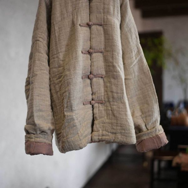 燕燕！手工盤扣 成衣水洗 高品質色織亞麻 加厚大版寬鬆盤扣棉襖外套 ab446101 