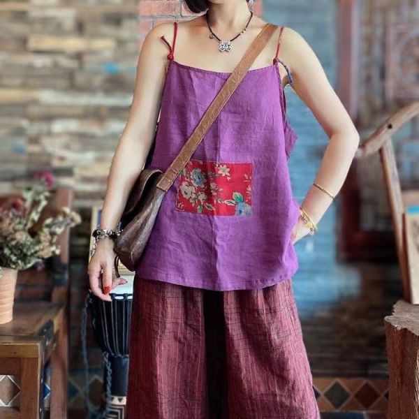 燕燕～夏款  棉麻 百搭舒適拼接前後兩穿寬鬆吊帶上衣 背心棉麻杉 