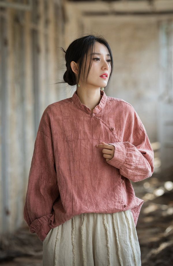 燕燕~莧麻棉～薄手工紮染改良盤扣上衣 防曬長袖T恤 