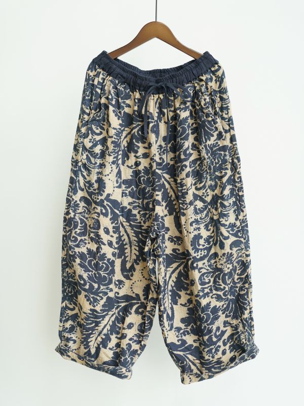 燕燕~復古數位藍染印花亞麻直筒褲 簡約寬鬆自在闊腿褲 ab2531701 