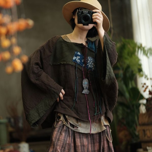 燕燕~復古棉麻貼布斜襟扣盤寬鬆百搭打底T恤 上衣 ab237301 