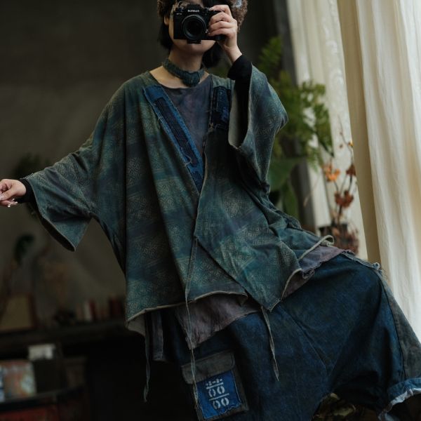 燕燕~棉質  文藝復古做舊感寬鬆貼布繫帶開襟衫外披上衣 外套。ab234301 