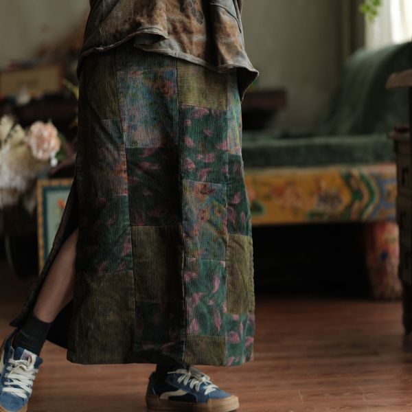 燕燕~復古文藝開叉古布拼接長裙 ab225201 