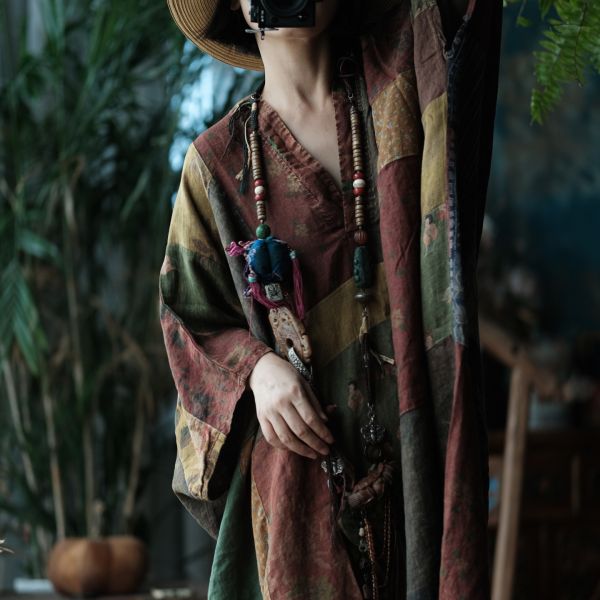 燕燕~寬鬆版型（此件商品不退換）~文藝復古棉麻襯衫裙 休閒寬鬆中袖V領連身裙袍子洋裝 ab221001 