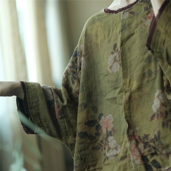 燕燕～復古文藝印花純棉圓領毛邊T恤 上衣 