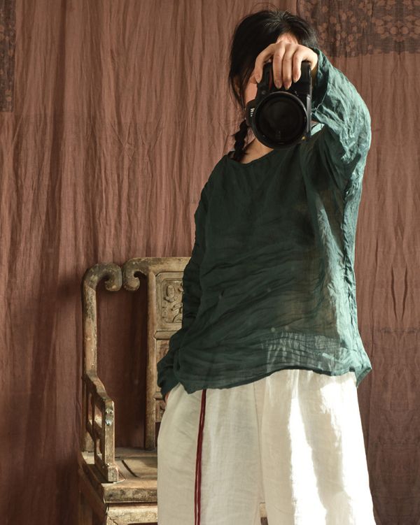 燕燕～春夏款  輕薄苧麻   文藝圓領手縫線套頭小衫 上衣 襯衫 長袖棉麻衫 