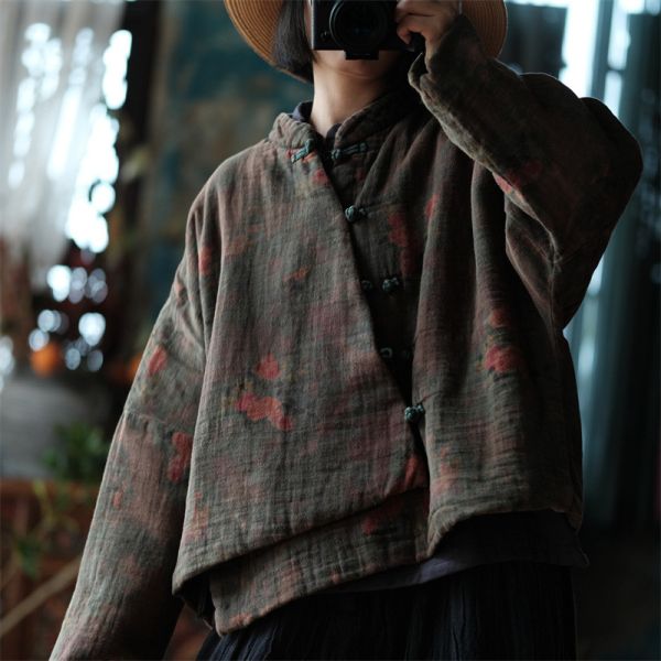 燕燕~秋冬新款 文藝數位印花純棉斜襟棉衣外套    ab193301 