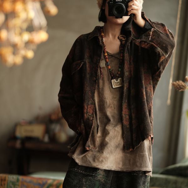 燕燕~秋冬新款 文藝復古雙層寬鬆翻領拼接開襟衫襯衫 ab96001 