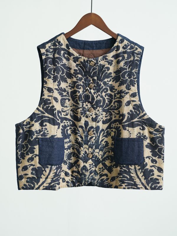 燕燕~復古藍染印花對襟夾棉 全新中式椰殼扣加厚背心 ab2531501 