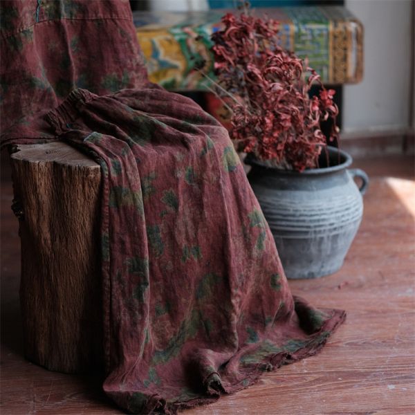 燕燕~秋冬新款 純亞麻 做舊毛邊鬆緊腰兩側口袋A字長裙。ab208701 