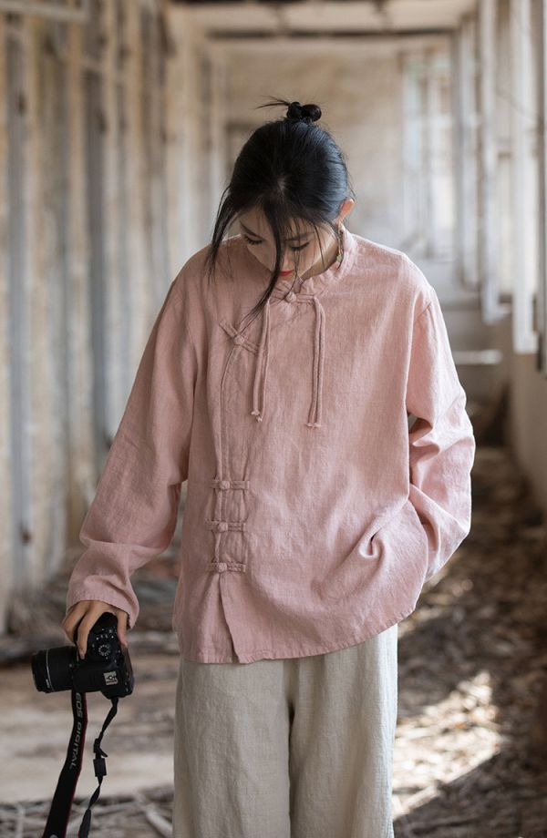 燕燕~莧麻棉 手工盤扣砂洗改良上衣 文藝範女式長袖T恤 