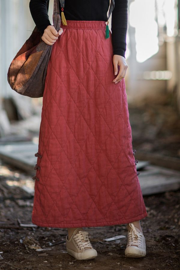 燕燕~秋冬新品    苧麻夾棉 原創設計個性保暖菱格絎縫長裙 