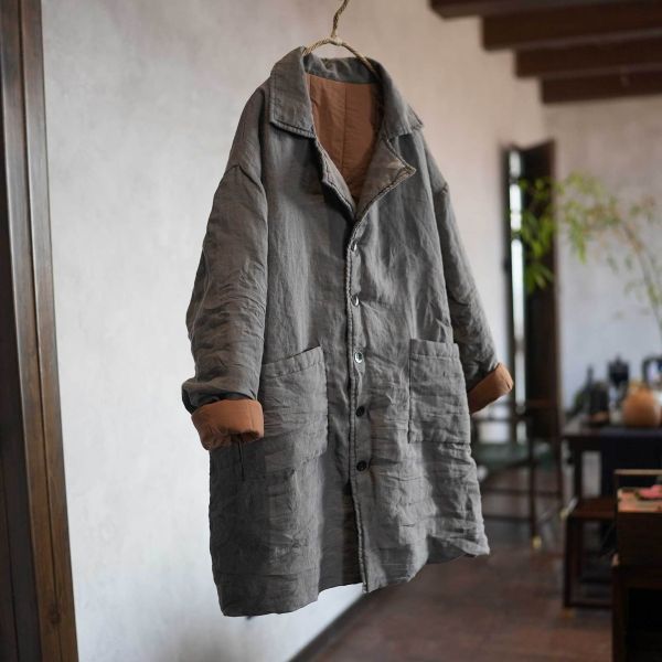 燕燕～秋冬款 加厚苧麻過冬厚棉衣大版寬鬆 長版西服外套 