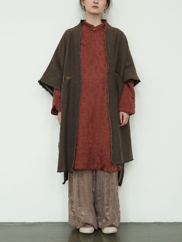 燕燕~秋款 復古色織沙礫披肩長外套 復古毛邊做舊隨性長外套 ab2430801 