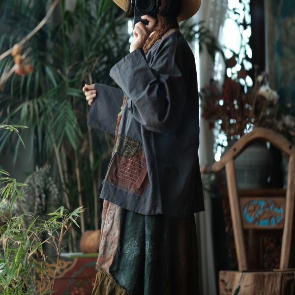 燕燕~亞麻~復古盤扣炒色做舊拼接長袖襯衫 上衣 外套 ab203301 