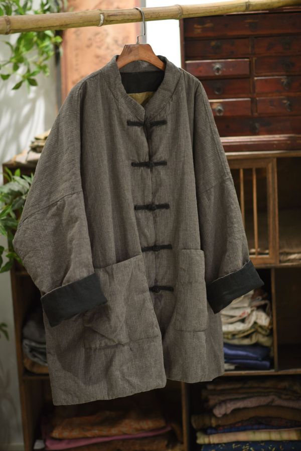 燕燕～色織棉中式復古盤扣中長棉衣外套 