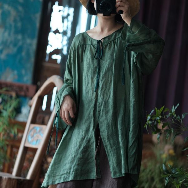 燕燕~（寬鬆版型）夏季新款 復古文藝圓領繫帶寬鬆禪意T恤 高級感襯衫 ab220301 