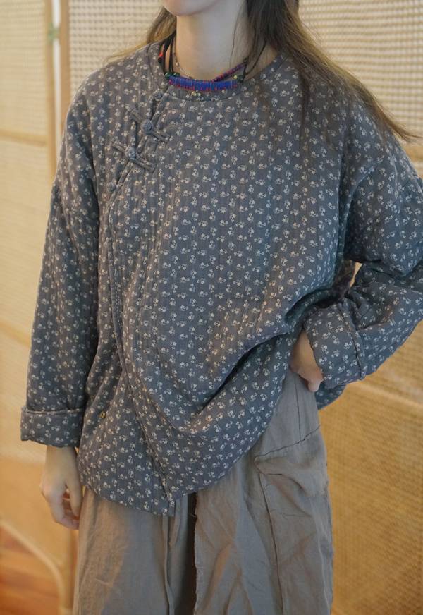 燕燕棉麻～斜襟碎花寬鬆廓形加厚棉衣外套 ab2134101 