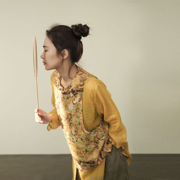 燕燕~棉麻商品~亞麻 印花寬鬆背心 復古混搭斜襟背心棉麻杉  ab2303101 