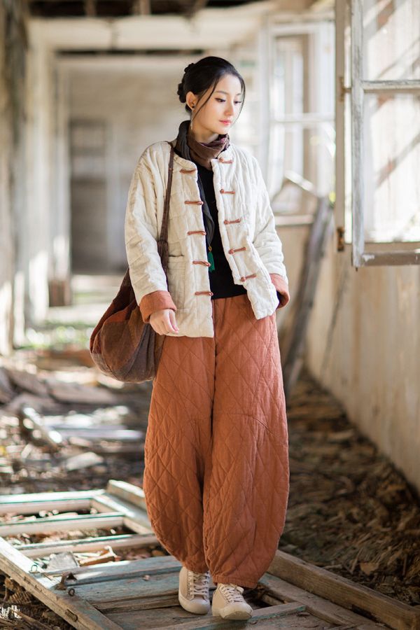 燕燕~冬季新款 苧麻夾棉方格絎縫棉襖短版棉衣外套 