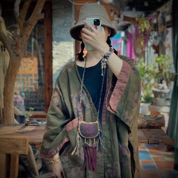 燕燕~棉麻商品~純亞麻 印花無扣外披開衫上衣 長袖棉麻衫 ab191301 