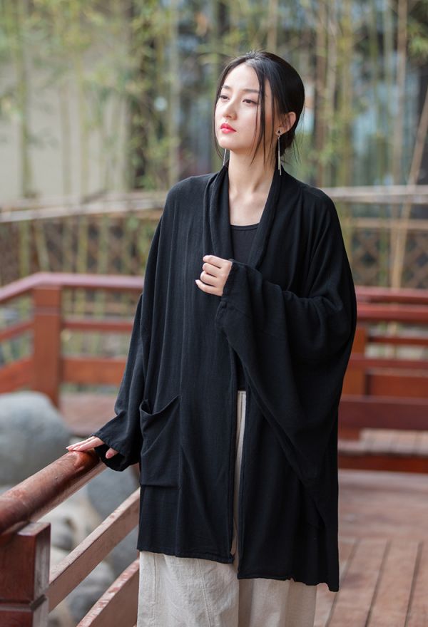 燕燕~夏季新款 亞麻材質 砂洗禪系披肩款式輕薄透氣外套 長袖棉麻衫 