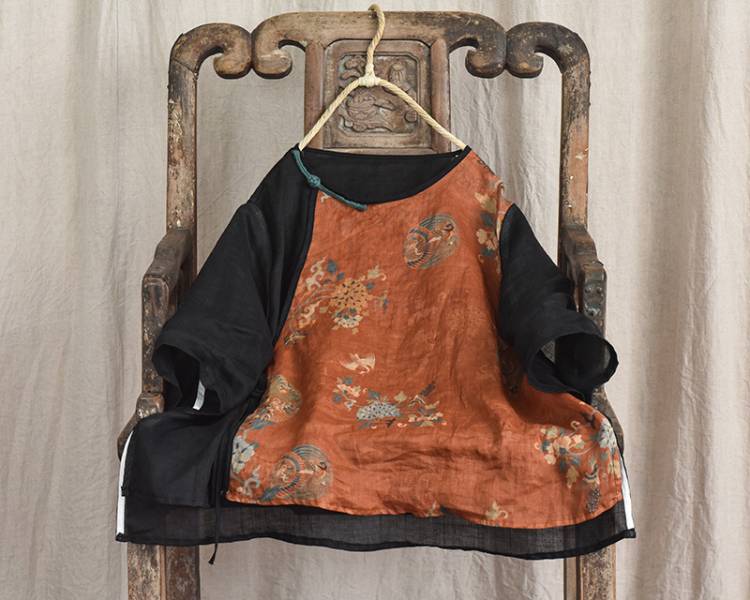 燕燕~棉麻商品 苧麻材質 拼布斜襟盤扣上衣 短款小衫中袖繫帶襯衫 短袖棉麻衫 