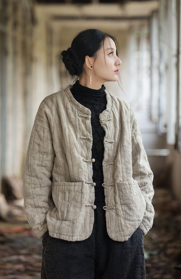 燕燕~冬季新款 苧麻紮染夾棉絎縫保暖棉服棉襖 棉衣外套 