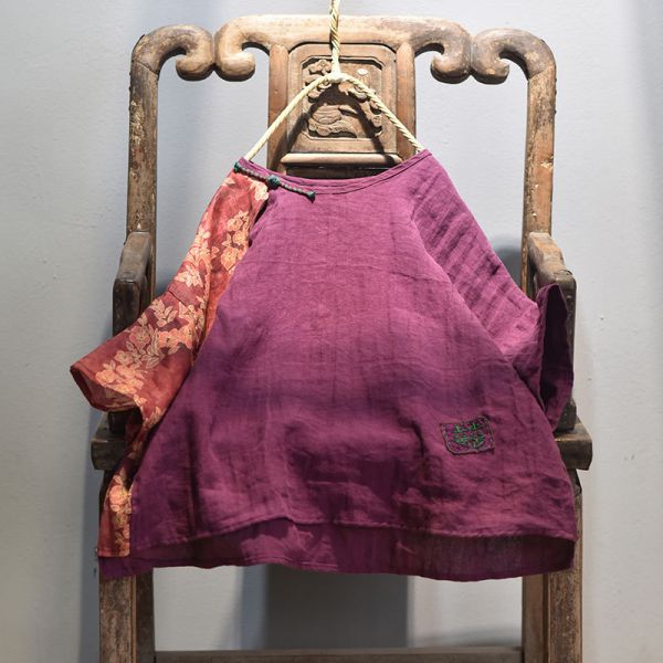 燕燕~棉麻商品~亞麻材質 拼布斜襟盤扣上衣 七分袖棉麻衫 