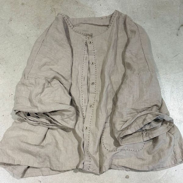 燕燕～夏季新款 休閒文藝百搭圓領亞麻開襟衫手工縫線小衫 外套 