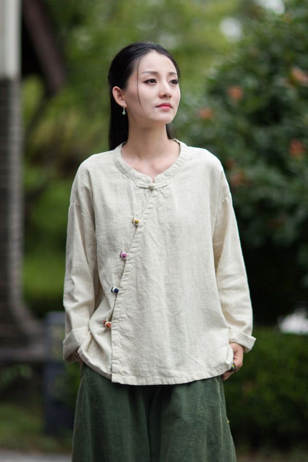 燕燕~秋季新款 禪意茶服苧麻長袖襯衫 復古斜襟盤扣上衣 