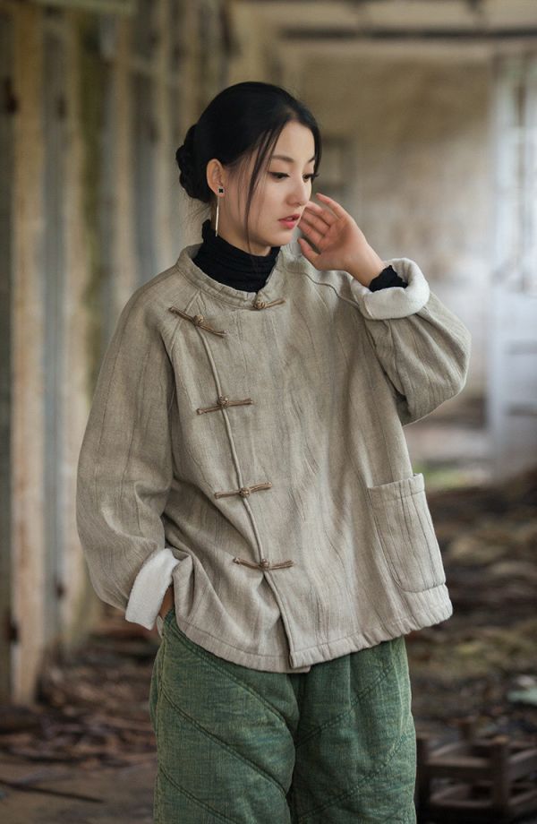 燕燕~秋冬新款   苧麻紮染加厚保暖外套 復古文藝個性盤扣女款T恤 上衣 
